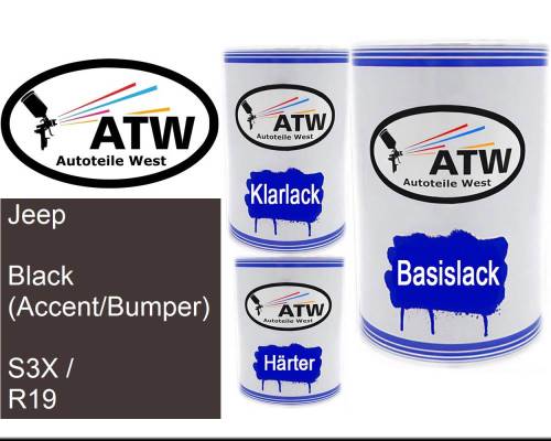 Jeep, Black (Accent/Bumper), S3X / R19: 500ml Lackdose + 500ml Klarlack + 250ml Härter - Set, von ATW Autoteile West.